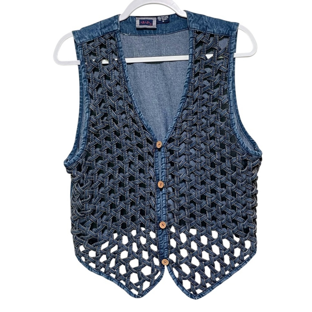 Blue Denim Vest Woven Unique Boho Rodeo Cottage Festival Rockabilly AJ Size M